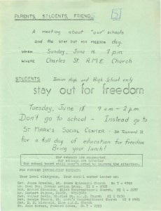 Flyer advertising and explaining the first Freedom Stay-Out day. 