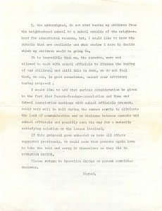 Later in the 1960s during the passing of the Racial Imbalance Bill was passed and politicians against desegregation were using busing as a reason not to support the bill,  OE passed this letter around the get signatures in support of reform.